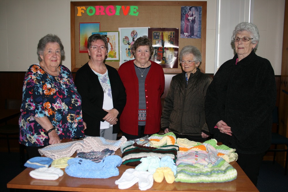 Some of the wonderful Greymouth knitters: Marie Lucas, Elinor Whitmore, Avis Harper, Helen Flintoft, Lorraine Hilton.